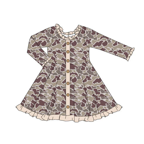 7.16 GLD0915 Baby Girls Grey Camo Buttons Knee Length Dresses Preorder