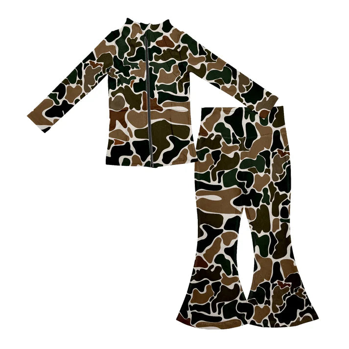7.22 GLP2172 Baby Girls Brown Camo Yoga Zip Top Bell Pants Active Wear Clothes Sets Preorder