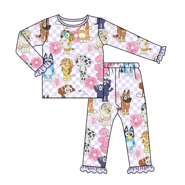 7.21 GLP2150 Baby Girls Lavender Checkered Dogs Top Pants Pajamas Clothes Sets Preorder