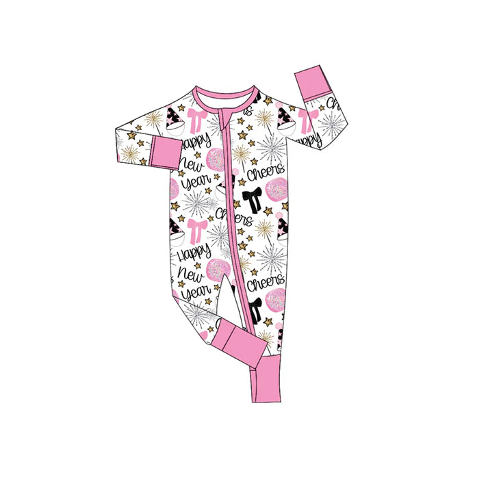 9.11 LR2636 Baby Girls Pink Bows Balls Happy New Year Zipper Footie Rompers Preorder