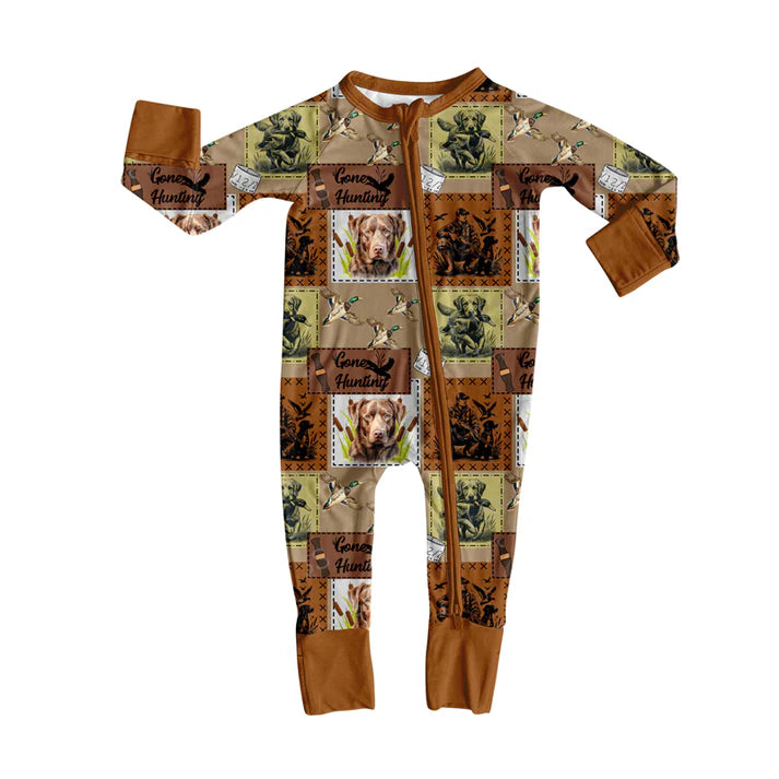 9.11 LR2628 Baby Boys Long Sleeve Ducks Dogs Western Hunting Zipper Footie Rompers Preorder