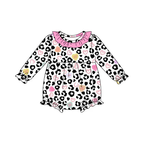9.12 LR2638 Baby Girls Long Sleeve Pink Black Leopard Hearts Valentine Ruffle Rompers Preorder