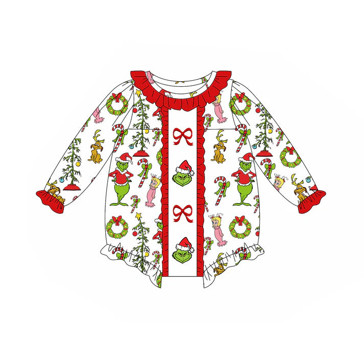 9.11 LR2635 Baby Girls Green Face Miss Bows Christmas Ruffle Rompers Preorder