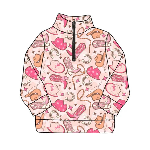 9.11 GT1210 Baby Girls Long Sleeve Western Pink Hats Boots Yoga Zipper Pullovers Top Preorder