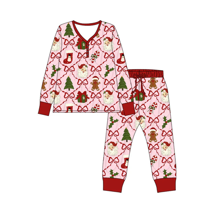 9.11 GLP2815 Adult Women Red Bows Santa Gifts Plaid Top Pant Christmas Pajamas Sets Preorder
