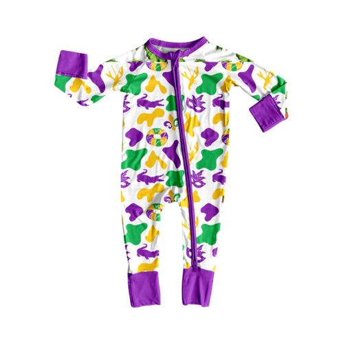 9.12 LR2637 Baby Boys Purple Yellow Green Camo Crayfishes Mardi Gras Zipper Footie Rompers Preorder