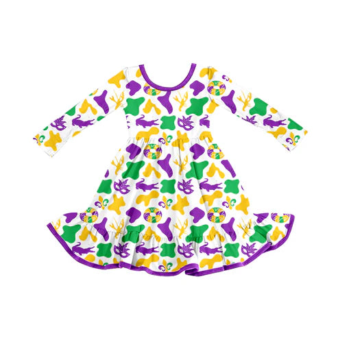 9.12 GLD1291 Baby Girls Purple Yellow Green Camo Crayfishes Mardi Gras Ruffle Knee Length Dress Preorder