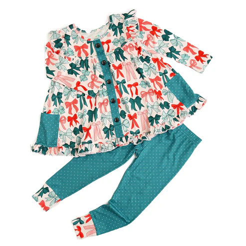 9.12 GLP2810 Baby Girls Red Green Bows Button Pockets Tunic Leggings Christmas Clothes Sets Preorder