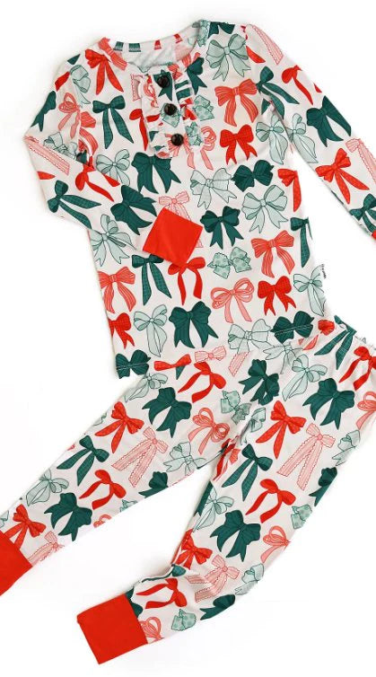 9.12 GLP2809 Baby Girls Red Green Bows Button up Top Pants Christmas Pajamas Sets Preorder