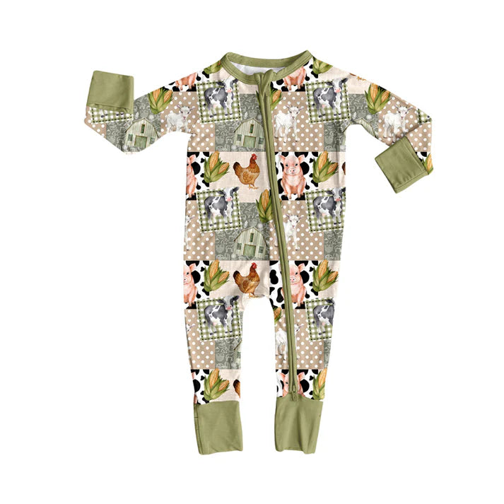 9.11 LR2629 Baby Boys Long Sleeve Pigs Chicks Farm Zipper Footie Rompers Preorder