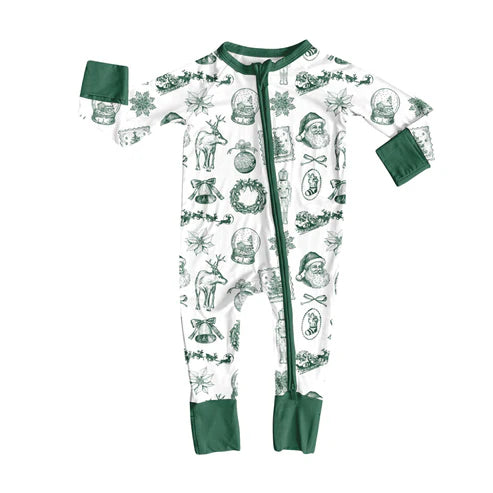 9.10 LR2627 Baby Girls Long Sleeve Green Santa Deer Christmas Zipper Footie Rompers Preorder