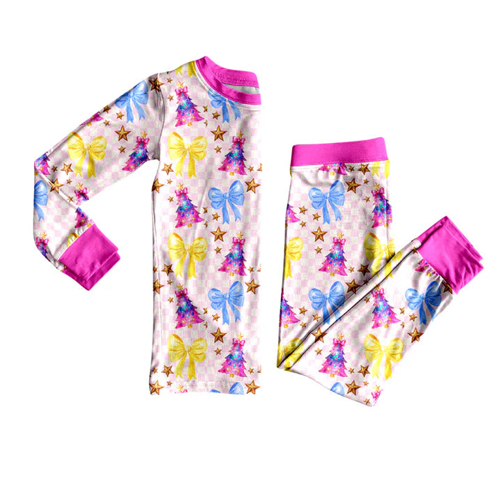 9.11 GLP2806 Baby Girls Pigs Checked Trees Bows Top Pants Christmas Pajamas Sets Preorder