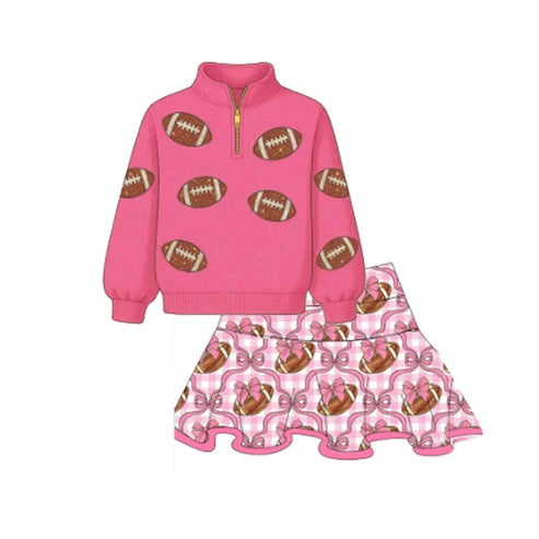9.10 GLD1288 Baby Girls Pink Footballs Zipper Pullovers Skorts Team Yoga Clothes Set Preorder