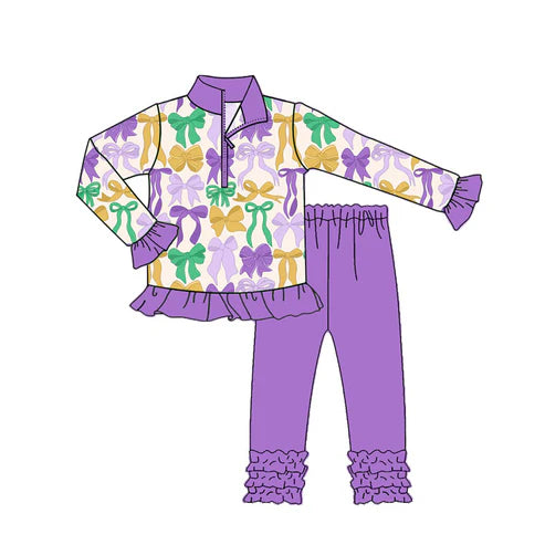 9.12 GLP2823 Baby Girls Mardi Gras Bows Zipper Pullover Ruffle Legging Clothes Sets Preorder