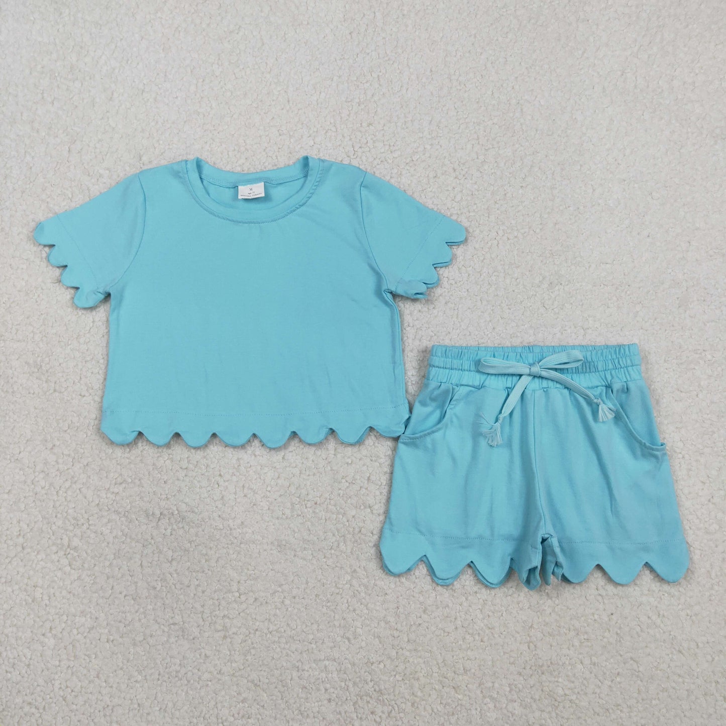 GSSO3180 Kids Baby Girl Short Sleeve Blue Shirts Top Scallop Shorts Clothes Sets