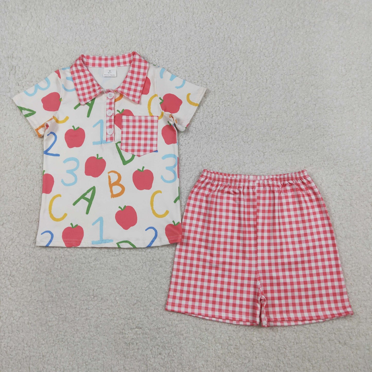 BSSO1913 Kids Baby Boys Apples ABC Pocket Button Top Checked Shorts Back to School Sets