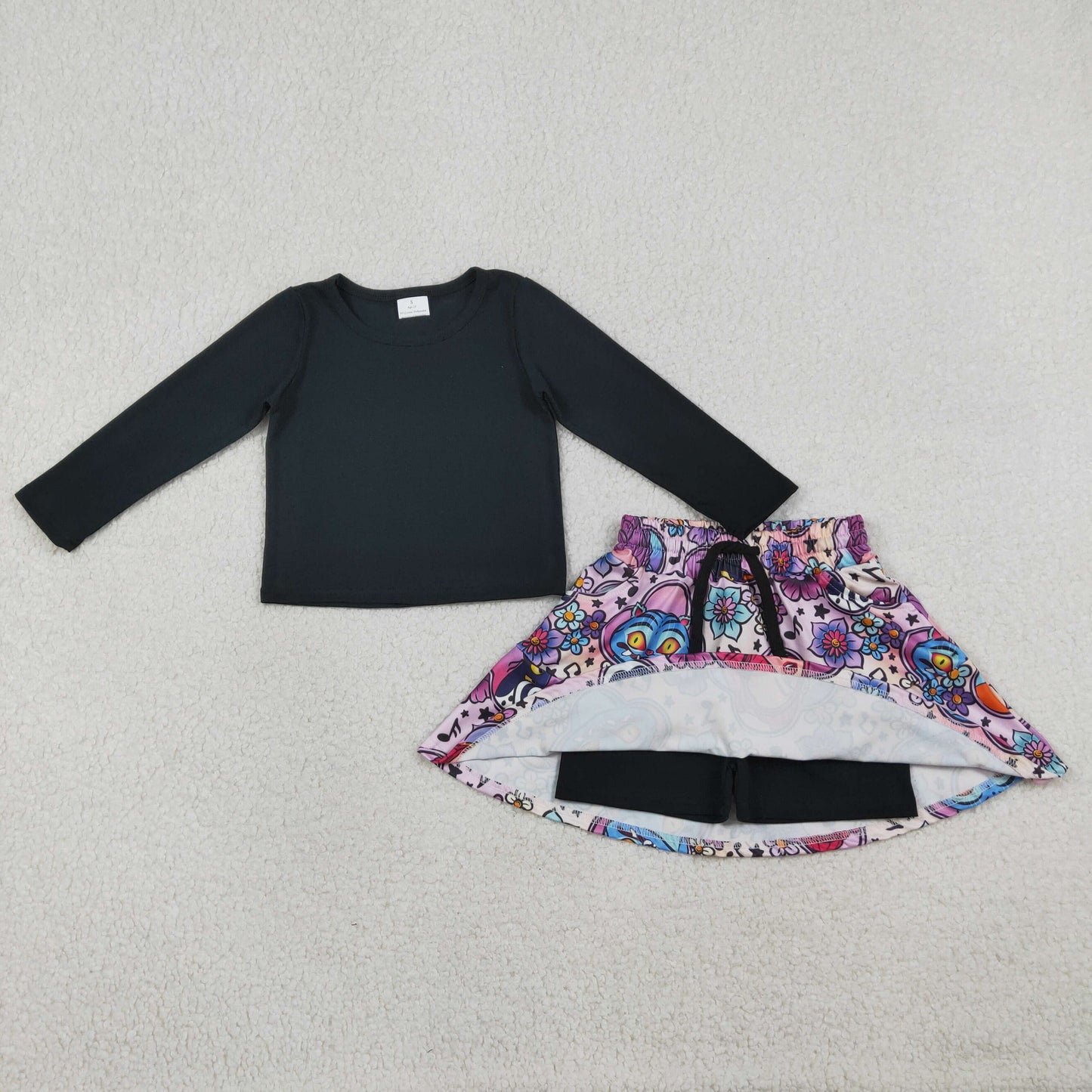 12/18m-14/16t RTS NO MOQ(In Stock) GLD1425 Kpop Solid Black Long-Sleeved Skirt Set