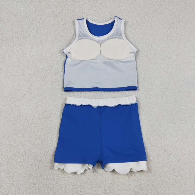GSD4023 Kids Baby Girls Sleeveless Blue White Vest Scallop Skirt Short Yoga Active Clothes Set