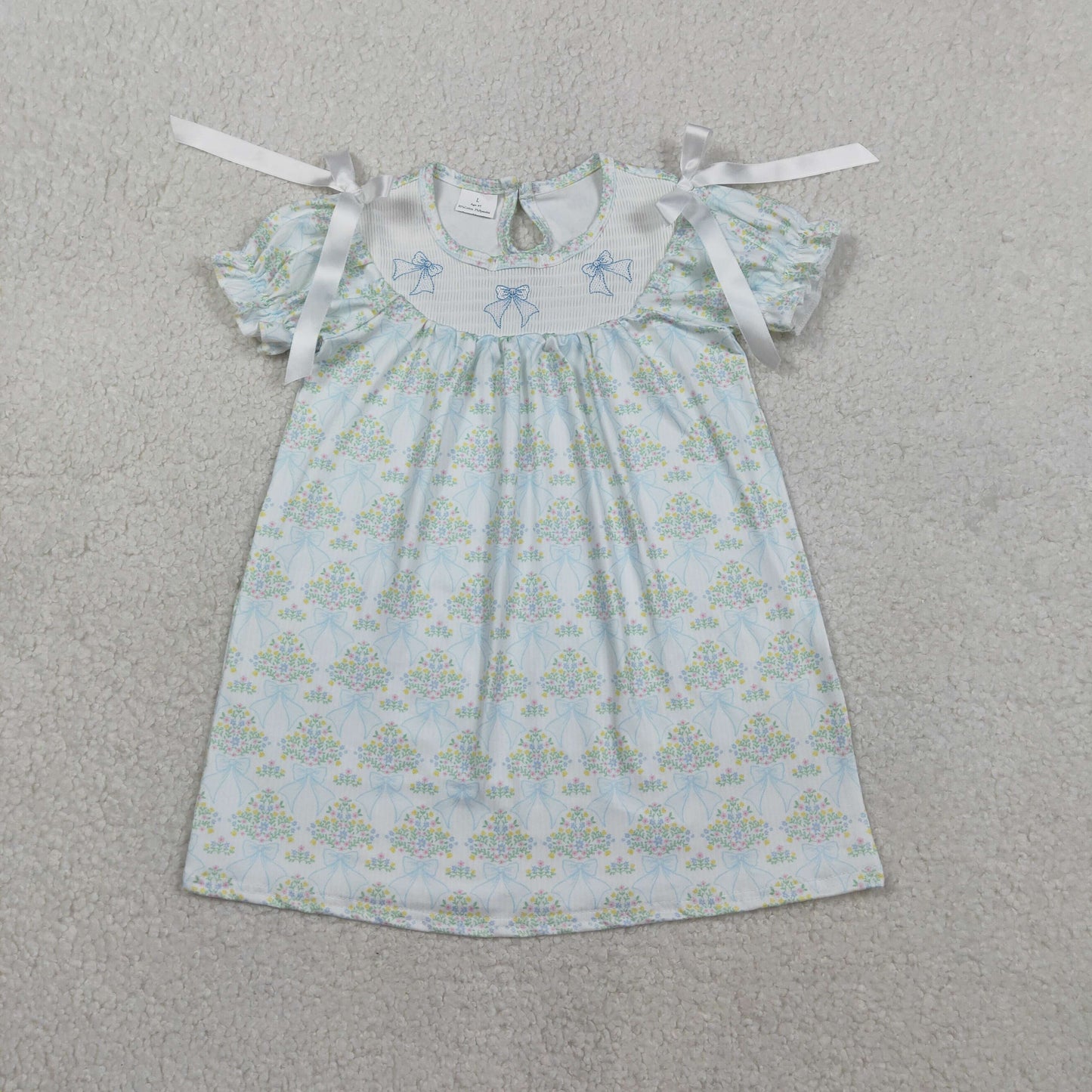 GSD3046 Kids Baby Girl Smocked Bows Flowers Short Ruffle Sleeve Knee Length Dresses