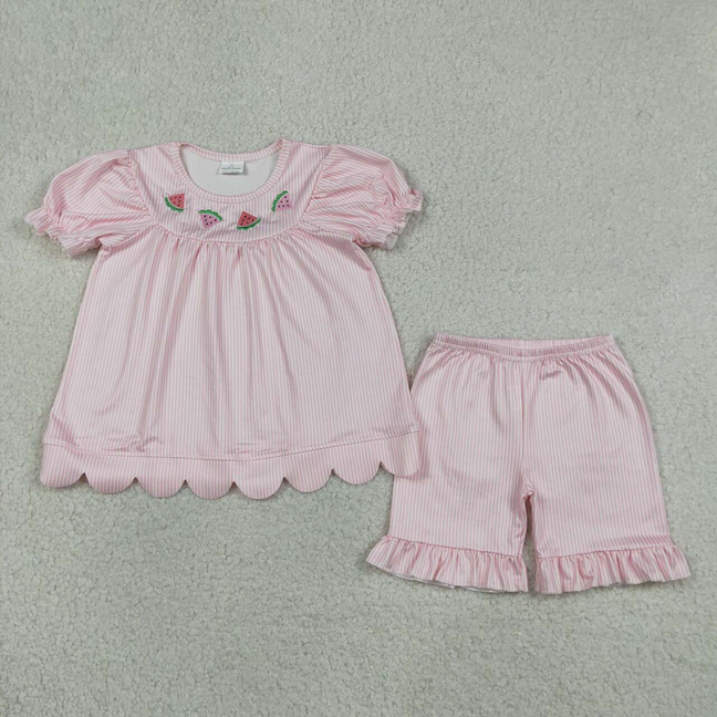 GSSO3239 Kids Embroidery Watermelons Baby Girls Pink Stripe Scallop Tunic Ruffle Shorts Clothes Sets