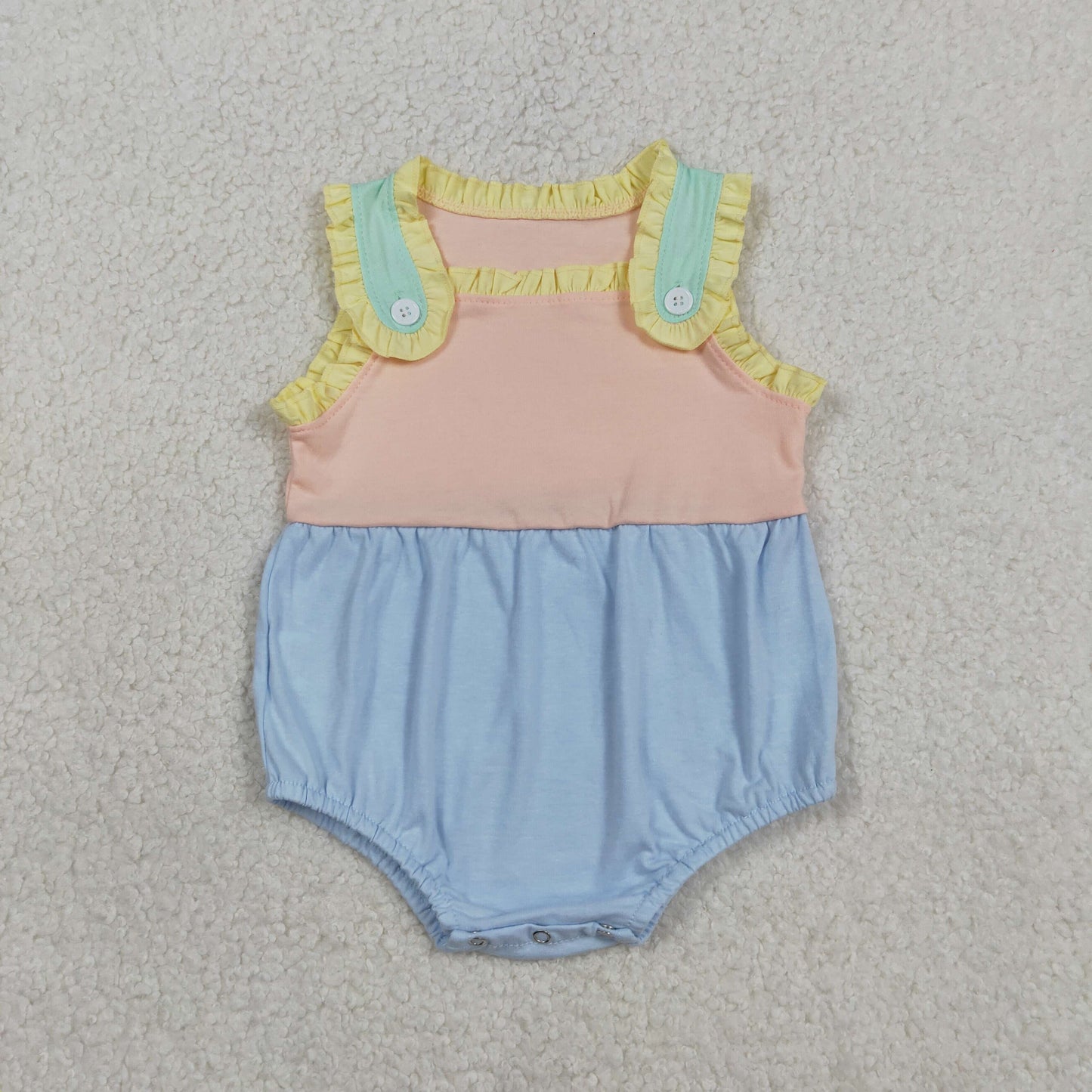 SR3772 Baby Girl Sleeveless Pink Blue Patchwork Ruffle Rompers