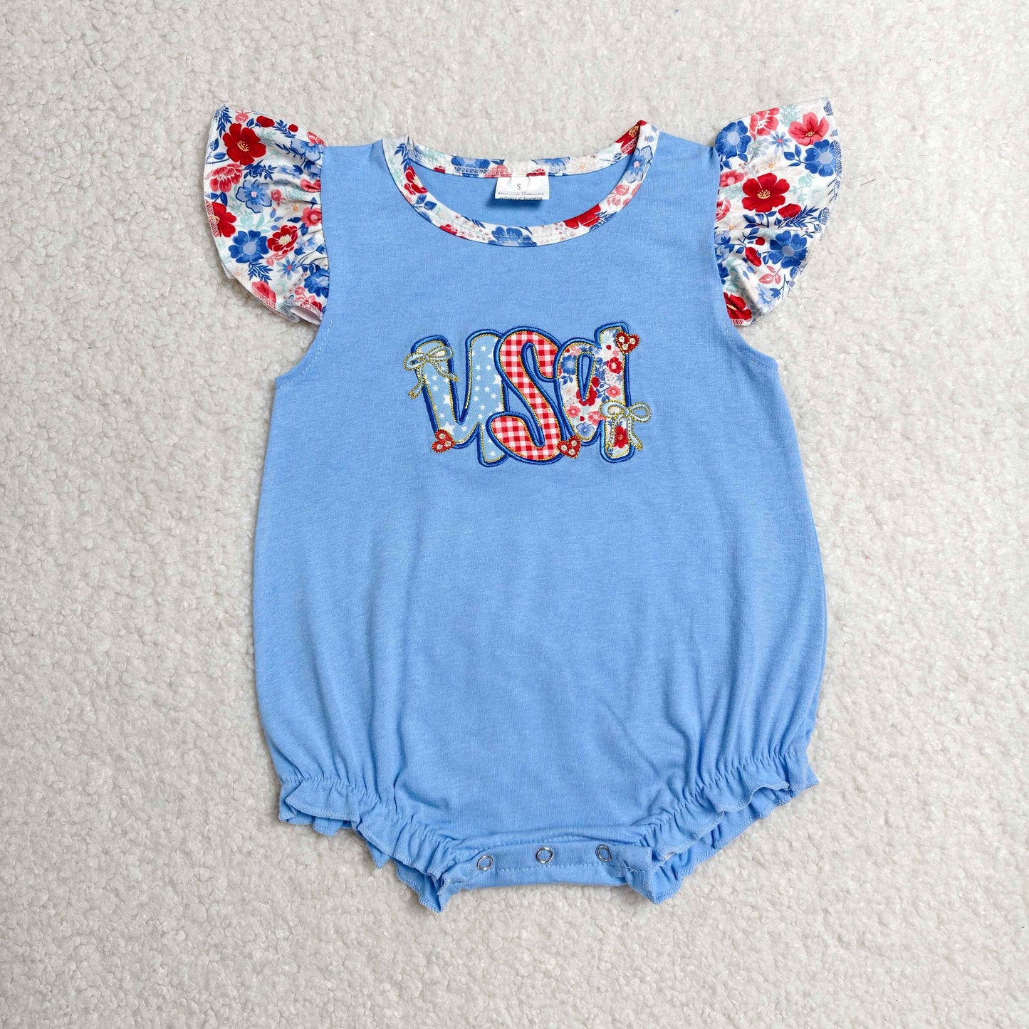 SR4186 Newborn Embroidery USA Baby Girls Flutter Sleeve 4th of July Ruffle Rompers