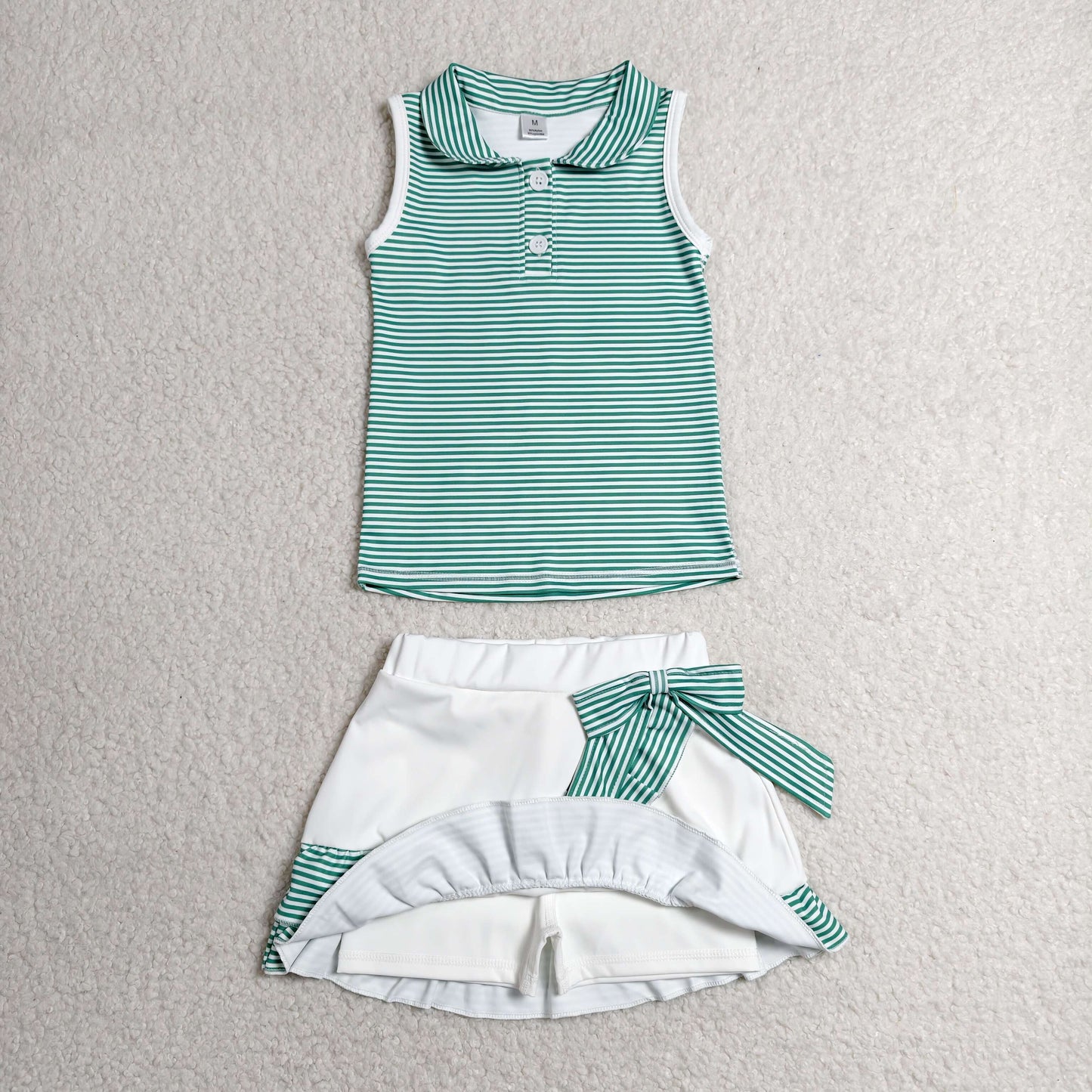 GSD4121 Kids Baby Girls Green Stripe Button Vest Top Ruffle Skirt Short Yoga Active Clothes Set