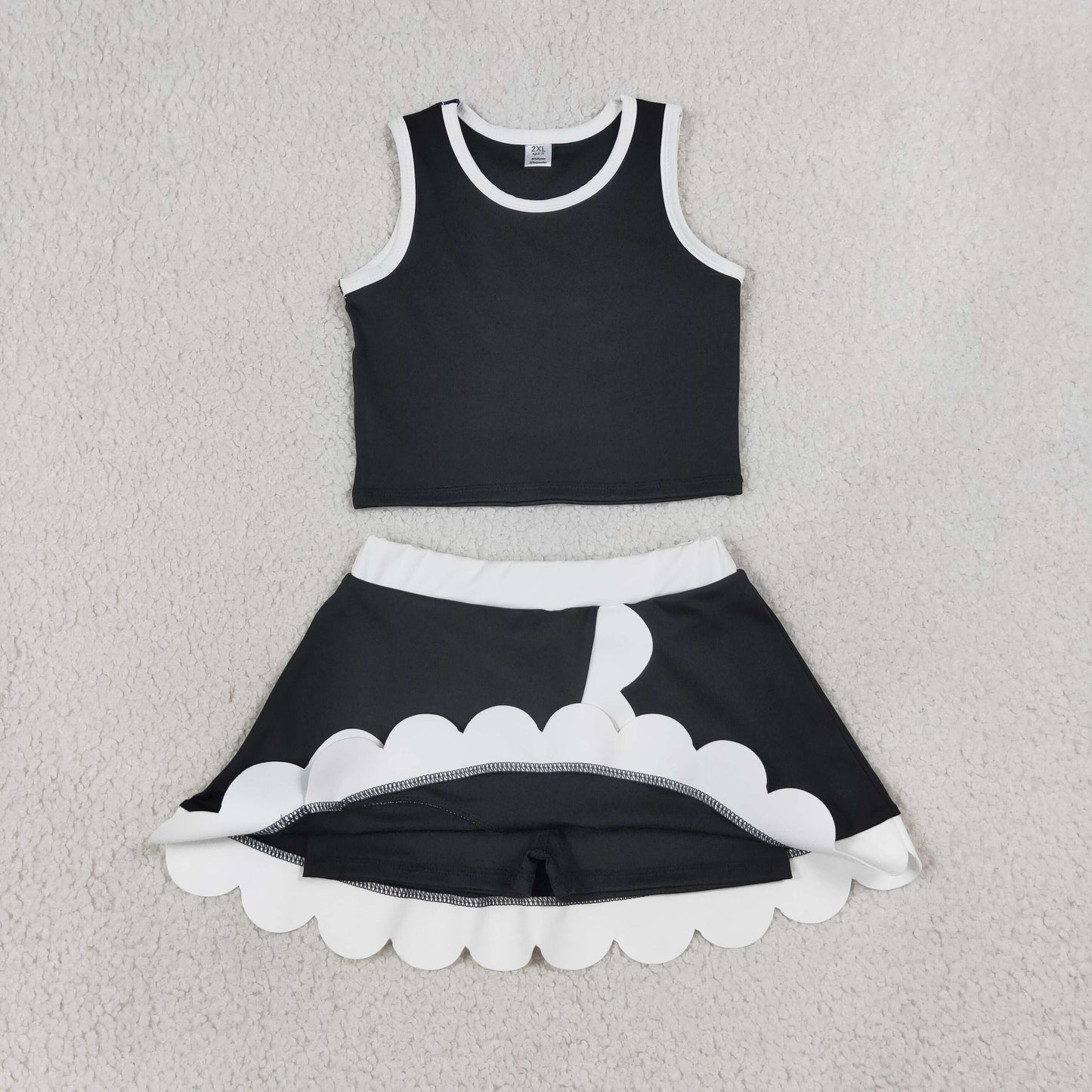 GSD4029 Kids Baby Girls Black Crop Vest Scallop Skirt Yoga Active Clothes Sets