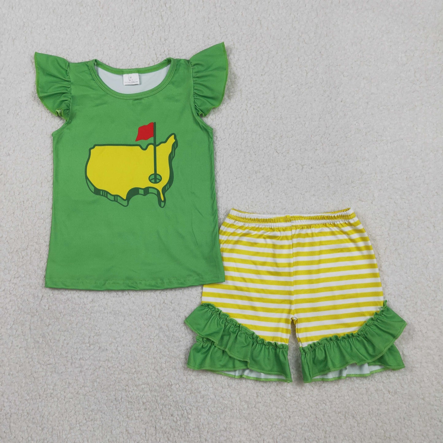 RTS NO MOQ(In Stock) GSSO2867 Golf Course Red Flag Green Flutter Sleeve Yellow Striped Shorts Set