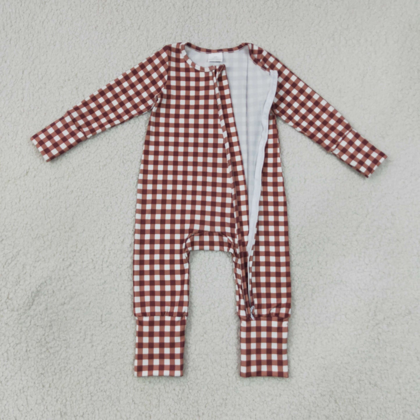 LR3113 Newborn Baby Boys Red Checked Fall Two Way Zip Convertible Rompers