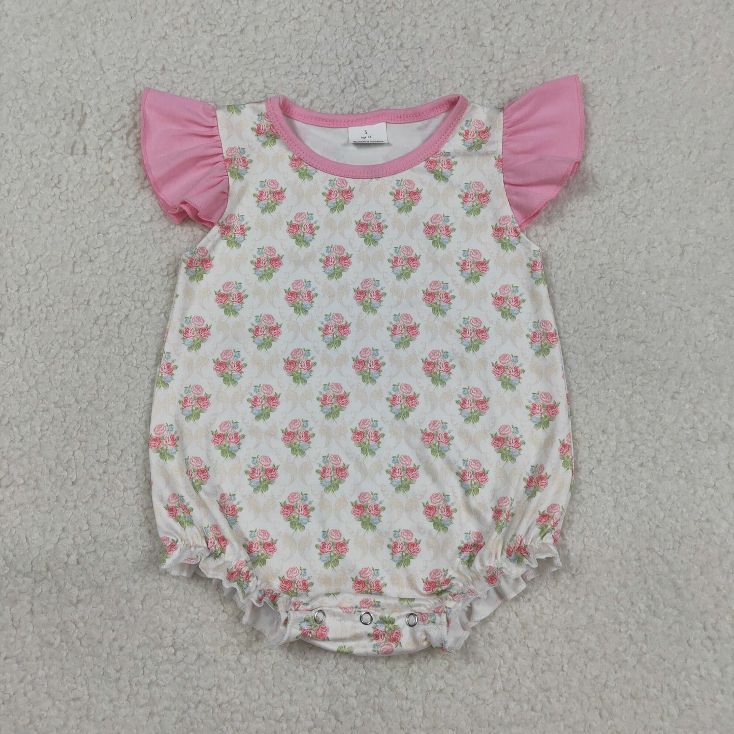 SR3677 Baby Girl Pink Flutter Sleeve Flowers Checked Ruffle Rompers