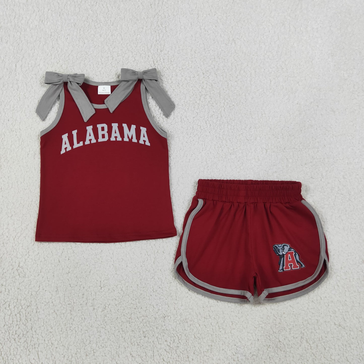 GSSO3831 Kids Clothing Baby Girls Red Grey Bows Vinyl Alabama Top Short Team Clothes Sets