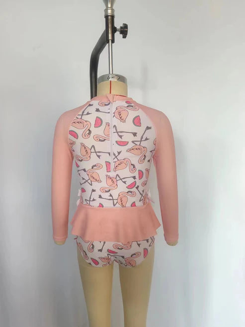 S0245 Watermelon flamingo white long-sleeved one-piece swimsuit