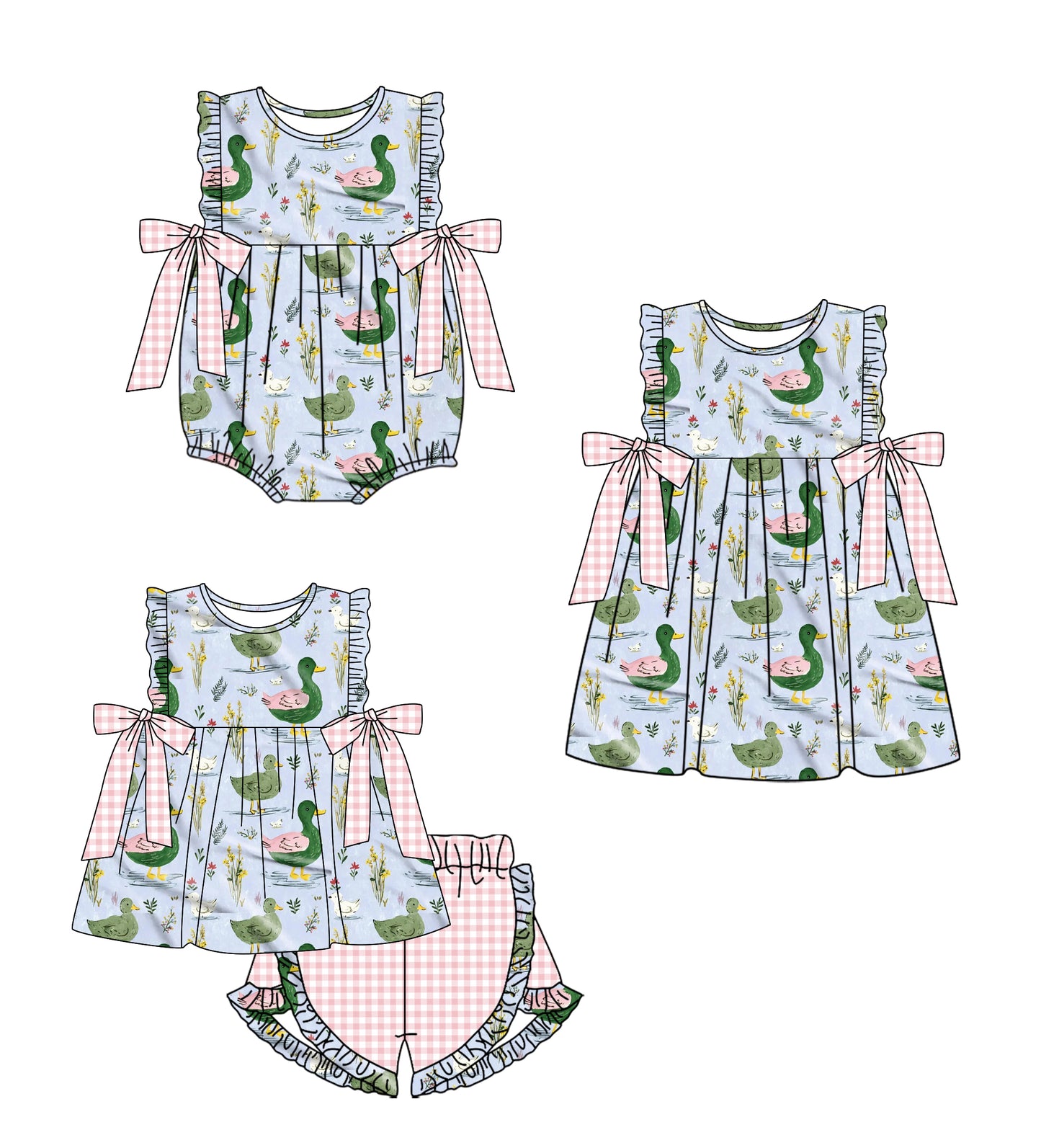 26.1.21 Custom (Moq 3 or 5) Sibling Baby Girl duck Short Sleeve Shorts Sets Girls Dress Romper