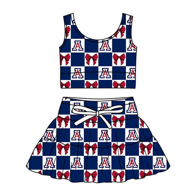 Custom MOQ 3 or 5 pcs Team Design Girl Summer Navy Bows Plaid Vests Top Skirt Short Team Clothes Sets