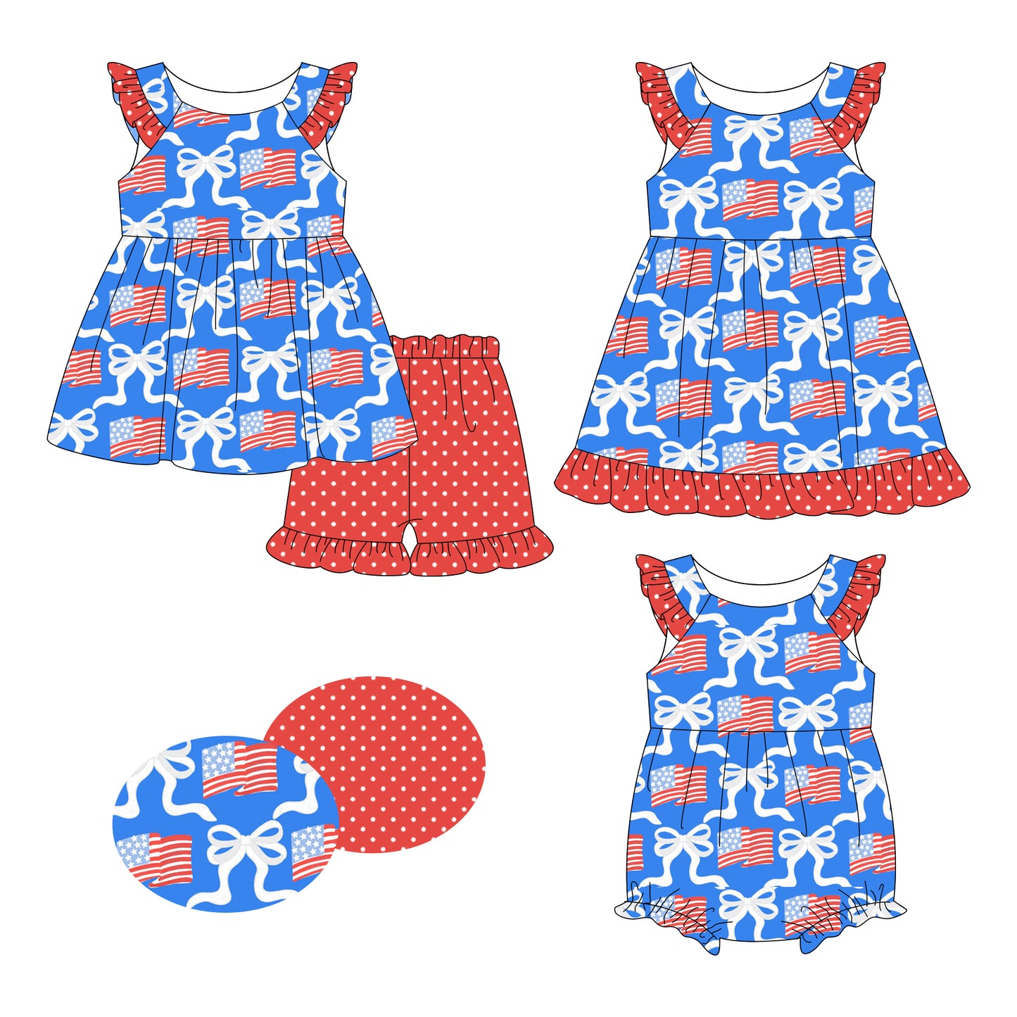 26.1.10 Custom MOQ:3 or 5 pcs each design milk silk Sibling baby girl clothes flag bow short sleeve shorts sets and dress and romper