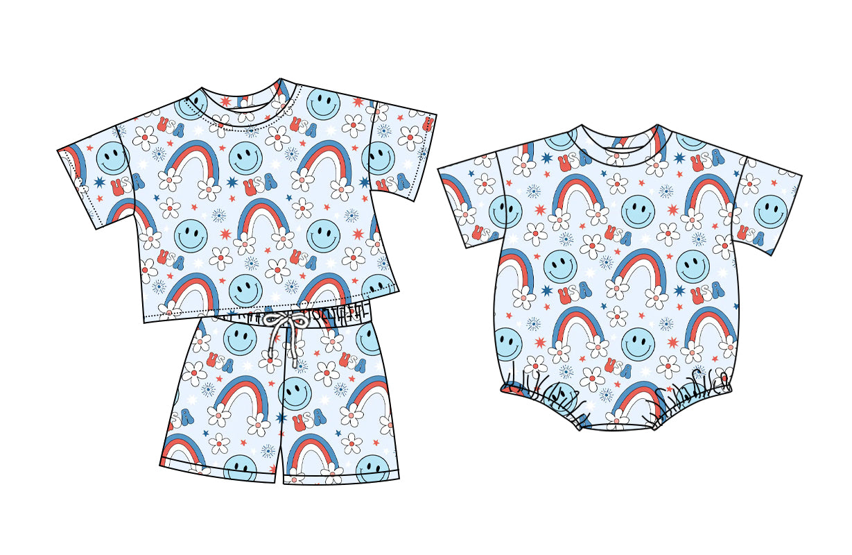 26.1.9 Custom MOQ:3 or 5 pcs each design milk silk Sibling baby girl clothes USA smiley short sleeve shorts sets and romper