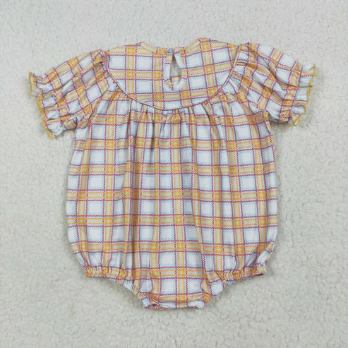 7.15 SR2982 Baby Infant Girls Orange Plaid Short Ruffle Sleeves Cows Pigs Farm Smocked Romper