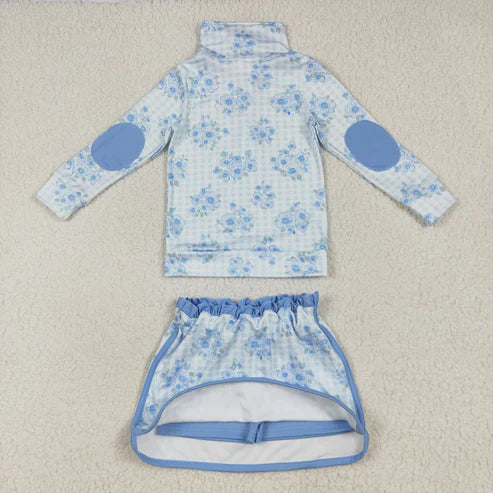 7.24 GLD1097 Baby Girls Long Sleeves Blue Flowers Plaid Zipper Top Skorts Yoga Set