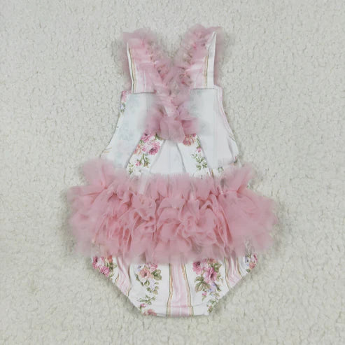 7.15 SR2964 Baby Infant Girls Pink Tulle Strap Floral Stripe Ruffle Romper