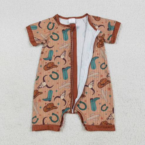 7.15 SR3155 Baby Girls Short Sleeves Brown Boots Hats Western Bull Zipper Romper