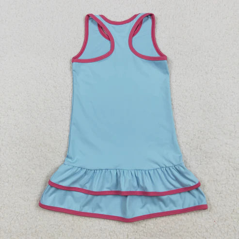 7.15 GSD2631 Baby Girls Blue Sleeveless Ruffle Yoga Knee Length Dress