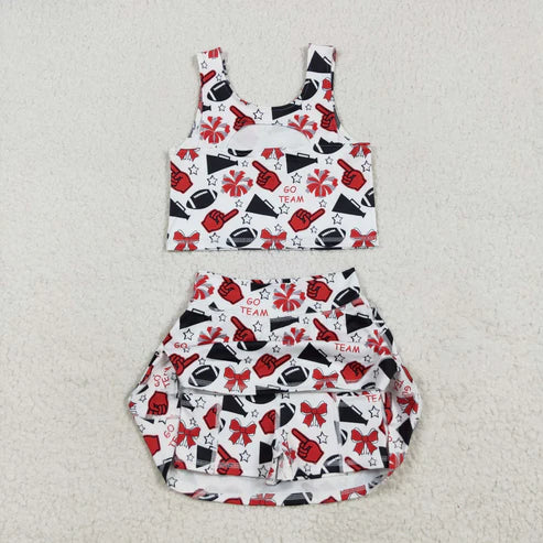 7.15 GSD2693 Baby Girls Team Red Football Bows Vest Top Short Skirts Yoga Set