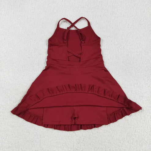 7.24 S0568 Baby Girls Dark Red Strap Shorts Yoga Knee Length Dress