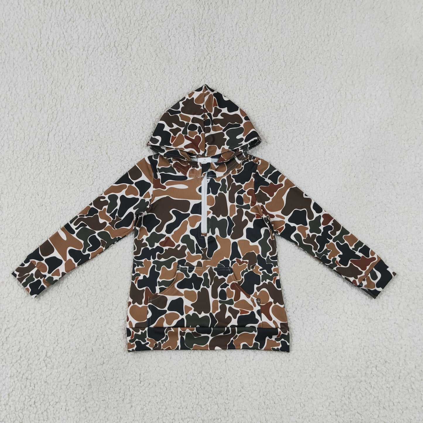 BT1851 Kids Baby Boys Long Sleeve Southern Dark Brown Camo Zip Pocket Hoodies Top
