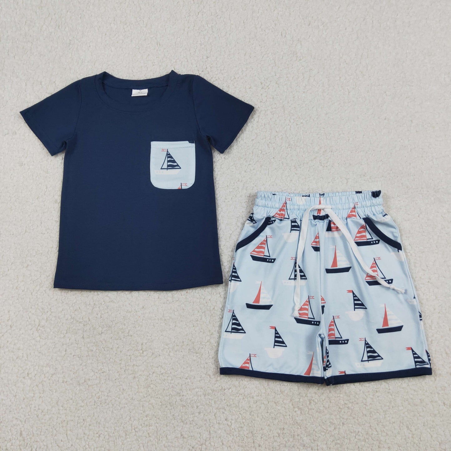 BSSO1855 Kids Baby Boy Navy Short Sleeve Shirt Top Boats Pockets Shorts Clothes Sets