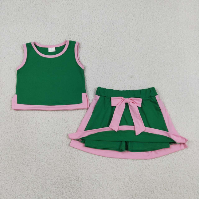 GSD3830 Kids Baby Girls Green Pink Sleeveless Vest Top Bows Skirt Shorts Clothes Sets