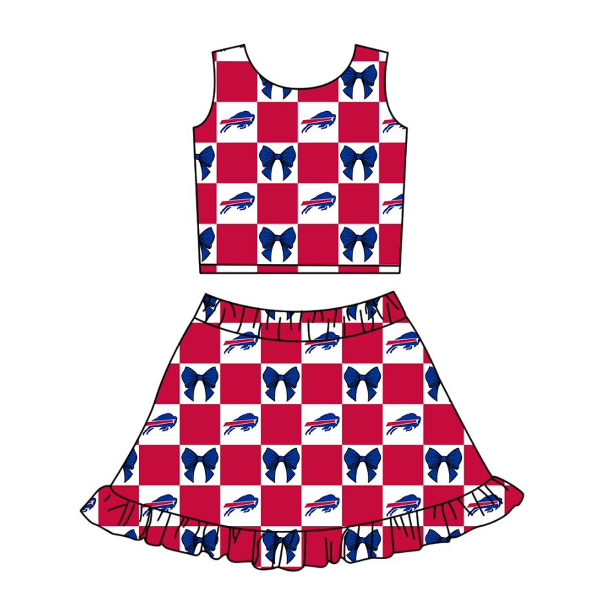 Custom Milk Silk Order MOQ:3 or 5 pcs Each Design Team State Girl Summer Bow Blue And Red Sleeveless Skirts Sets