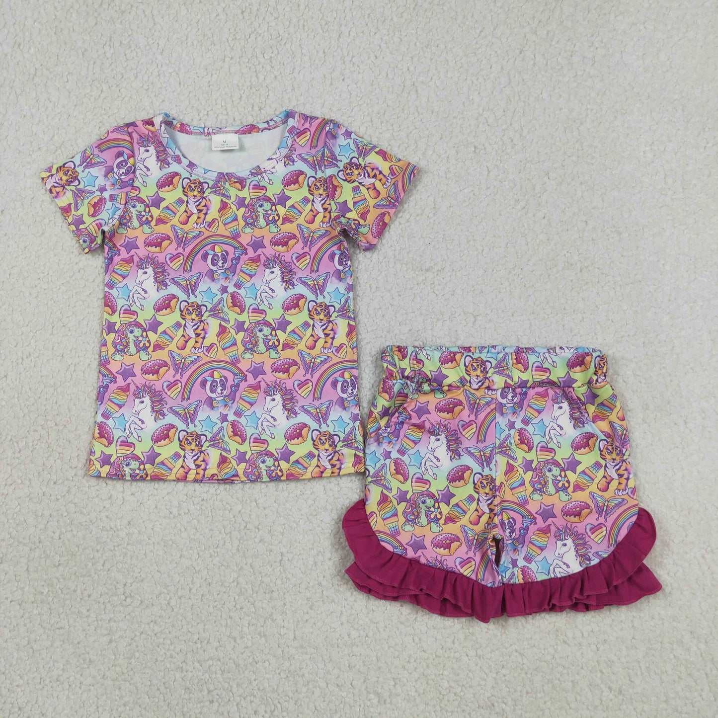 GSSO3472 Kids Baby Girls Stars Cartoon Animals Top Ruffle Shorts Clothes Sets