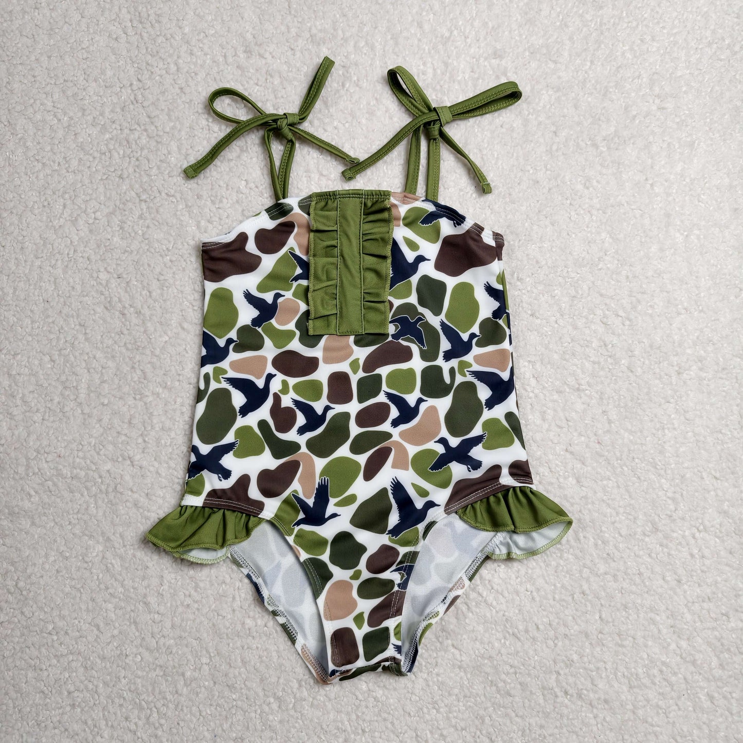 S0744 Kids Baby Girls Strap Southern Green Camo Ducks Hunting Swimsuits